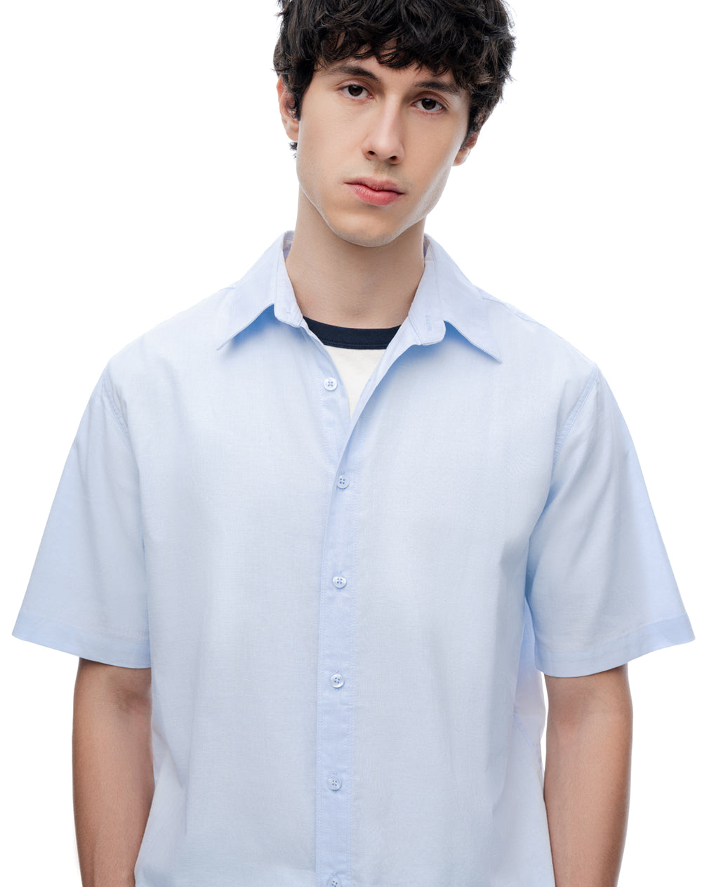Camisa de Lino Manga Corta Azul Hombre