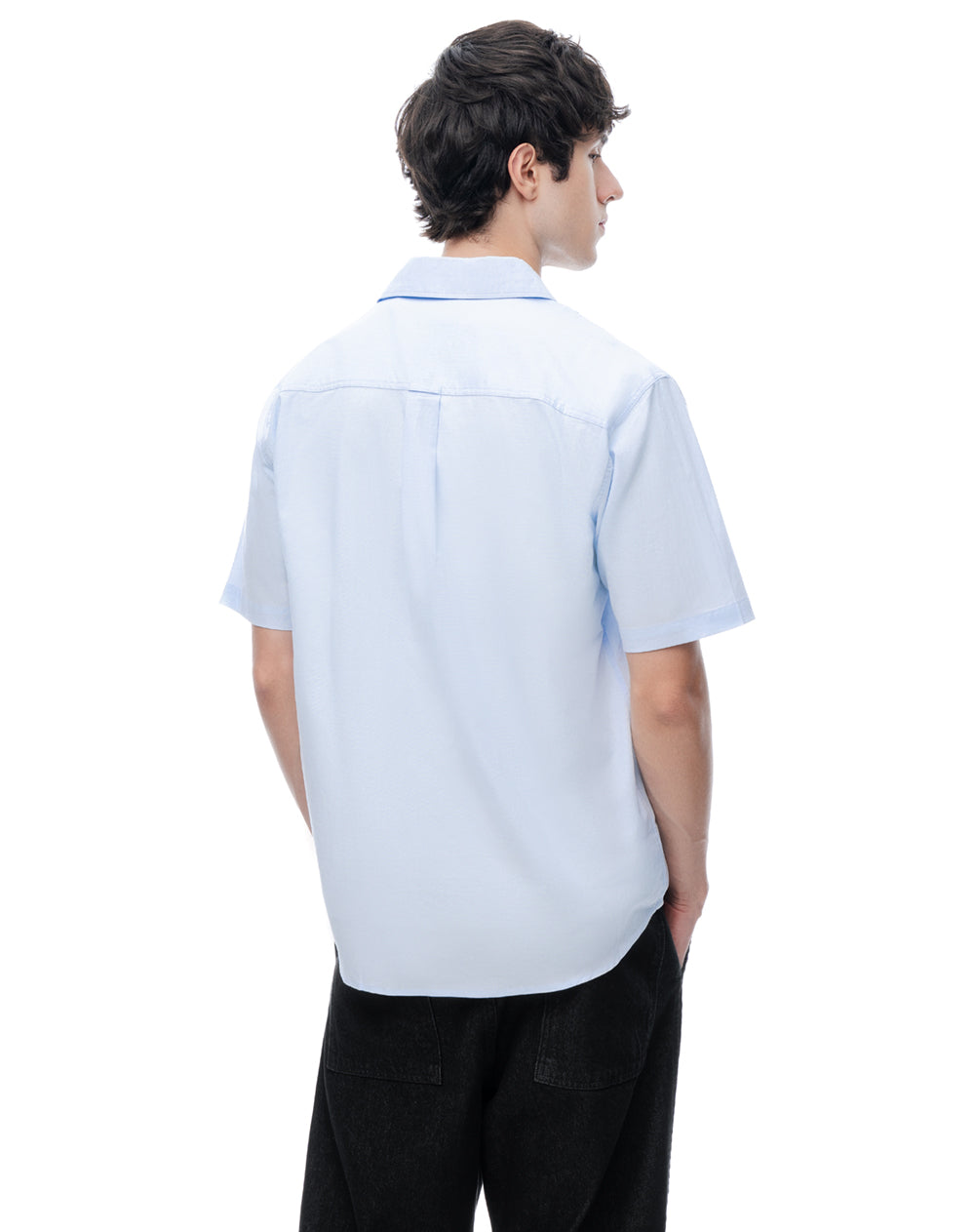 Camisa de Lino Manga Corta Azul Hombre