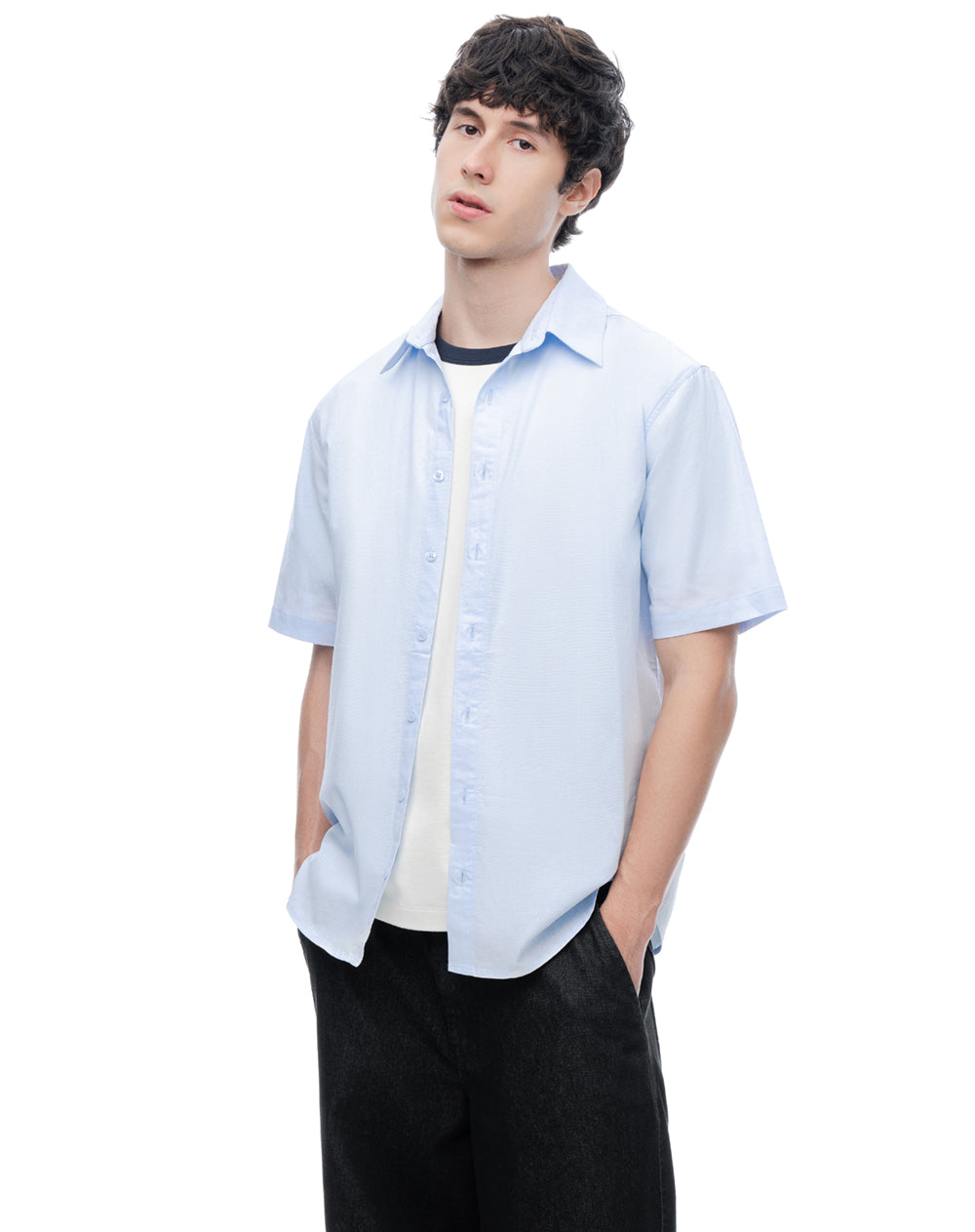 Camisa de Lino Manga Corta Azul Hombre
