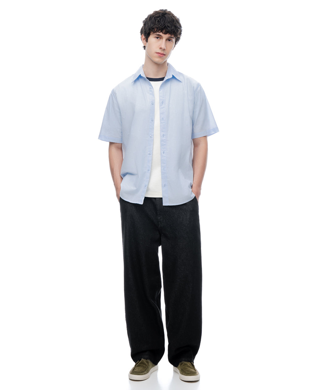 Camisa de Lino Manga Corta Azul Hombre