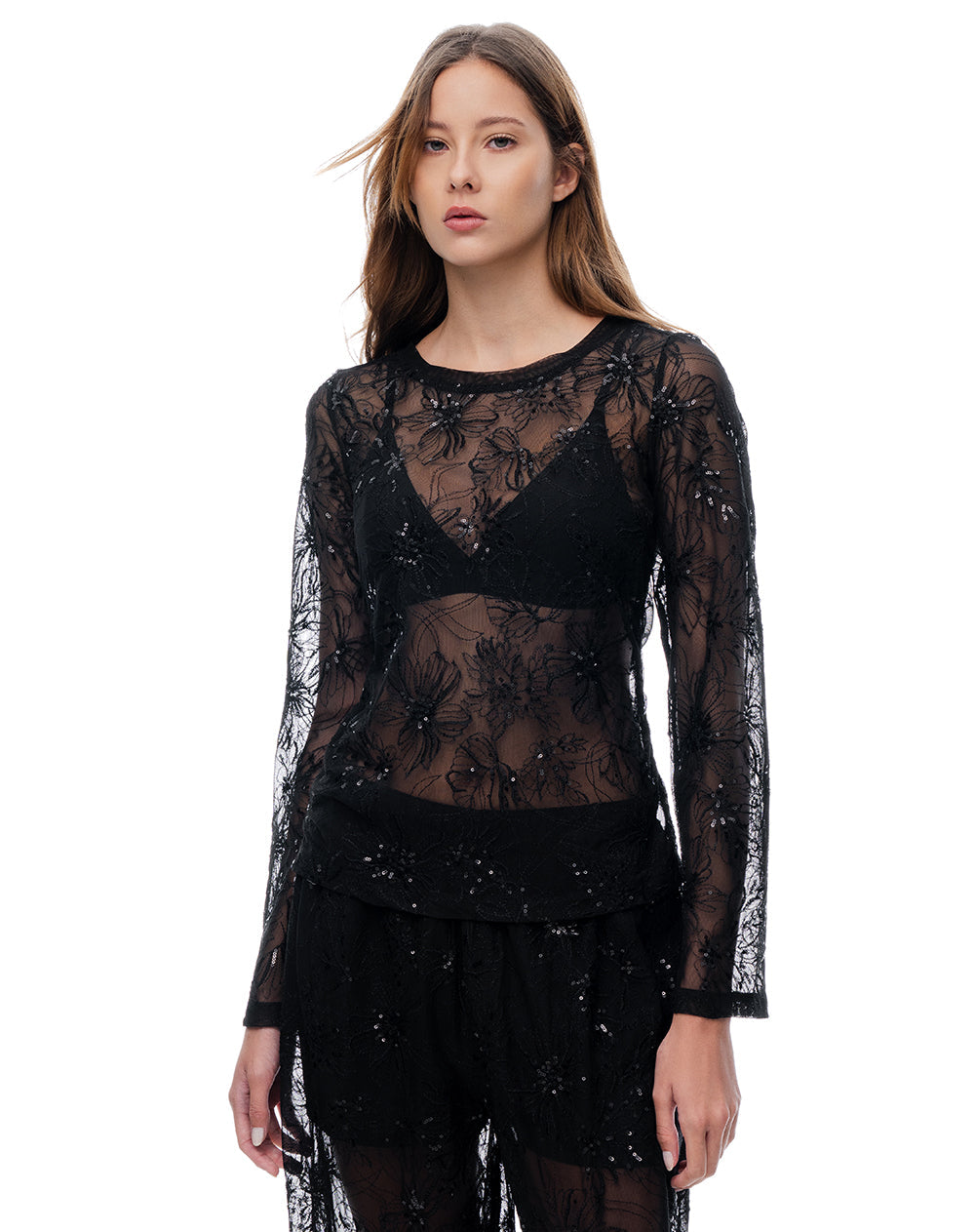 Camisa de Encaje Manga Larga Negra Mujer