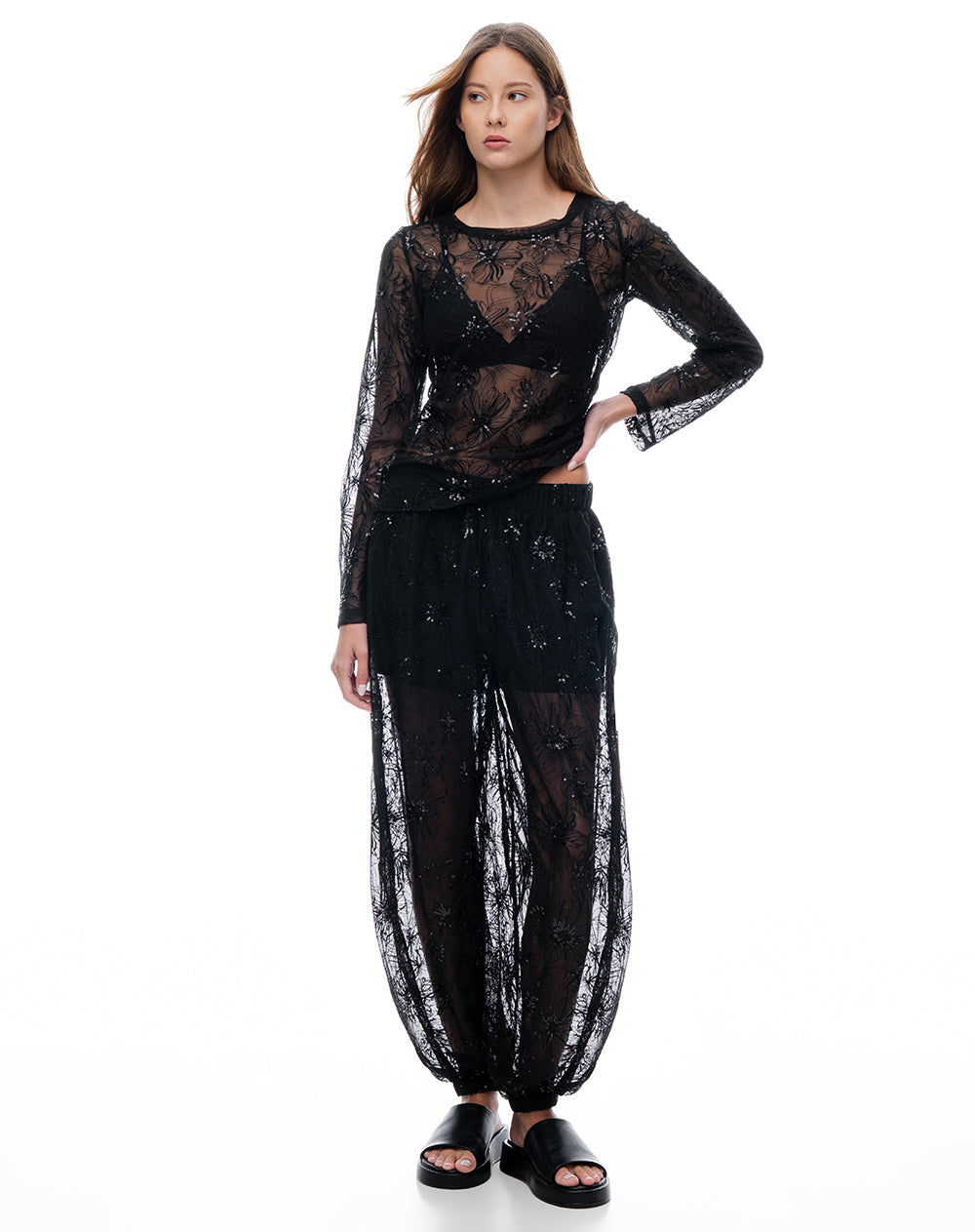 Camisa de Encaje Manga Larga Negra Mujer