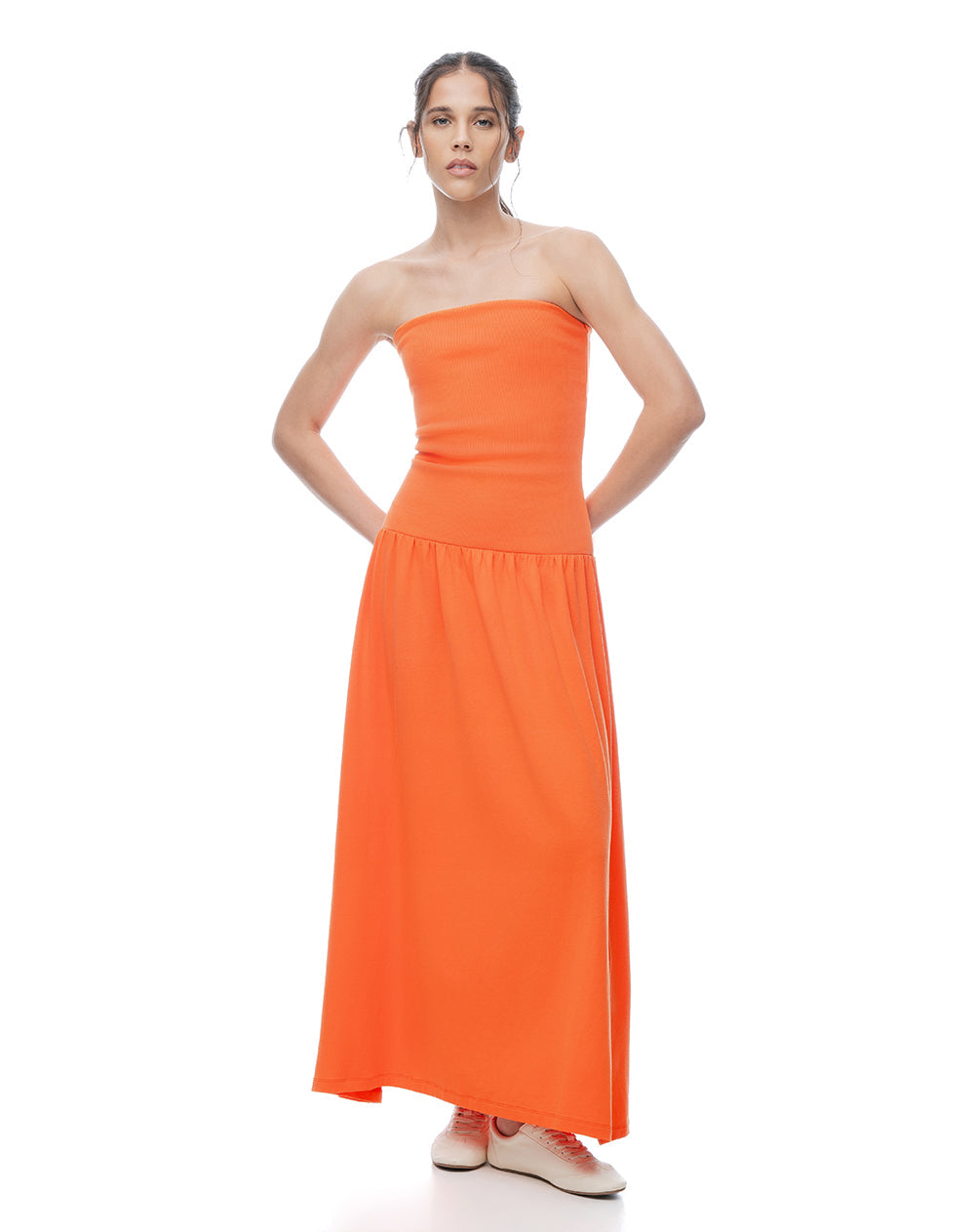 Vestido Largo Strapless Naranja Mujer