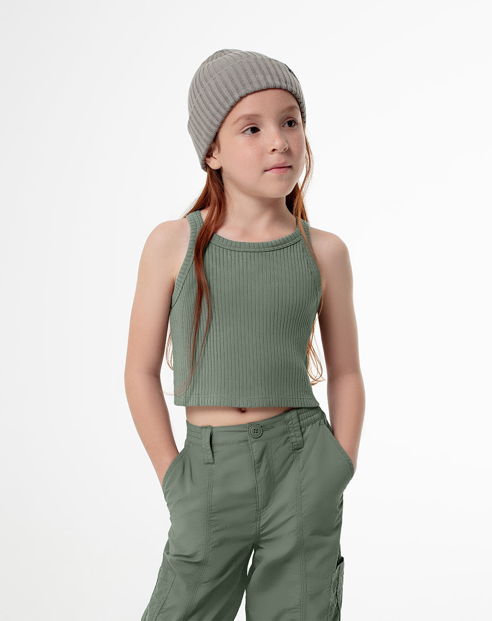 Crop Top en Rib Verde Niña