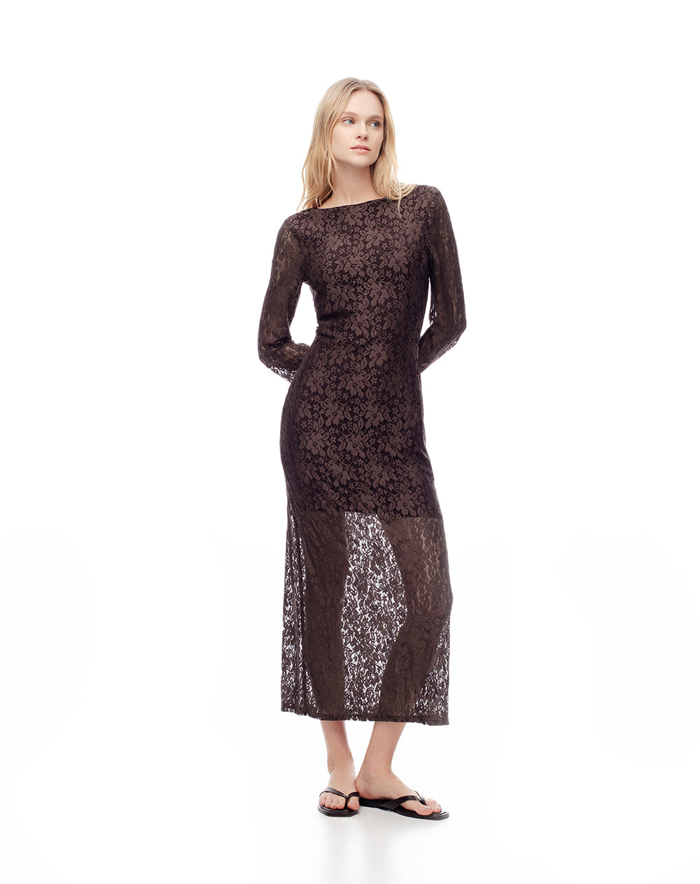 Vestido Largo de Encaje Chocolate Mujer