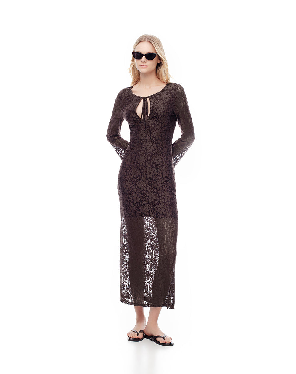 Vestido Largo de Encaje Chocolate Mujer